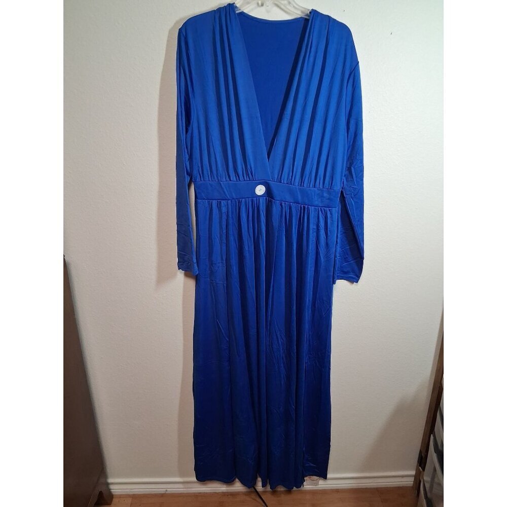 NWT Sexy Blue Dress Deep V Neck High Slit Long Sleeve Party Dance Size XL